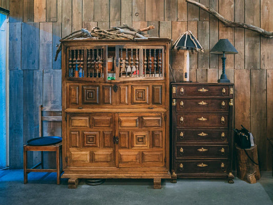 wooden vintage drawers and chair