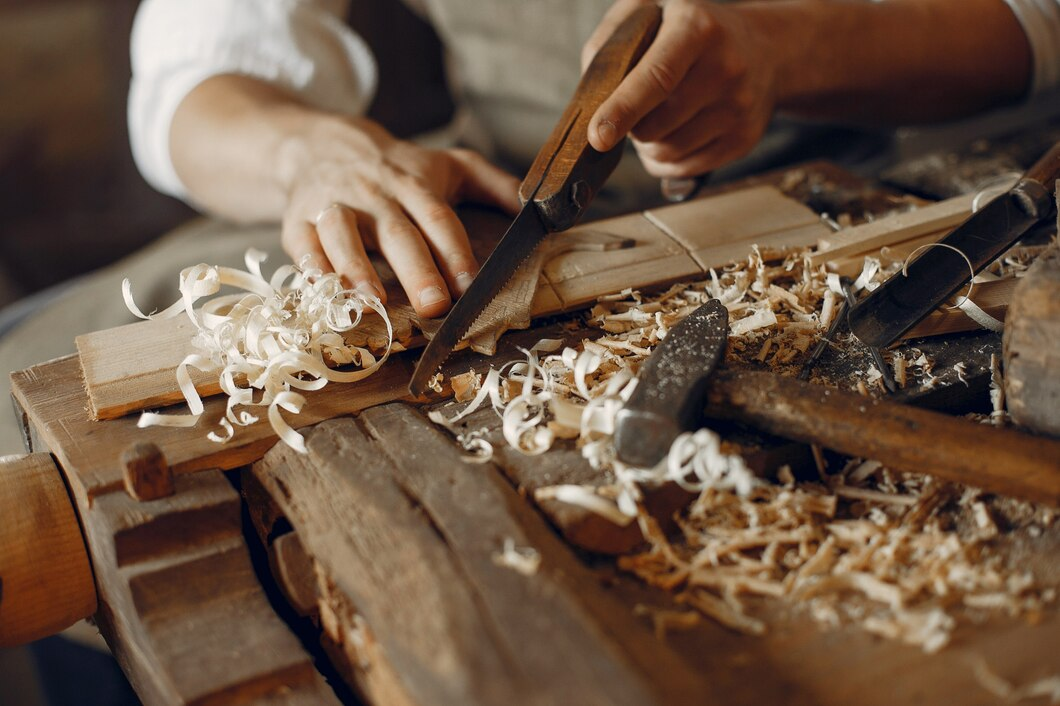 Woodworking in progress with tools and hands - House of Chippendale