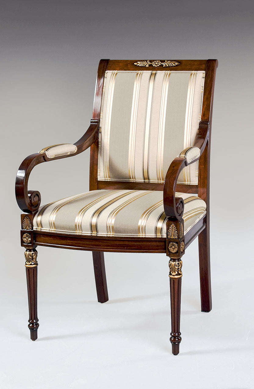 Brenda Empire-style armchair with intricate detailing and plush seating.