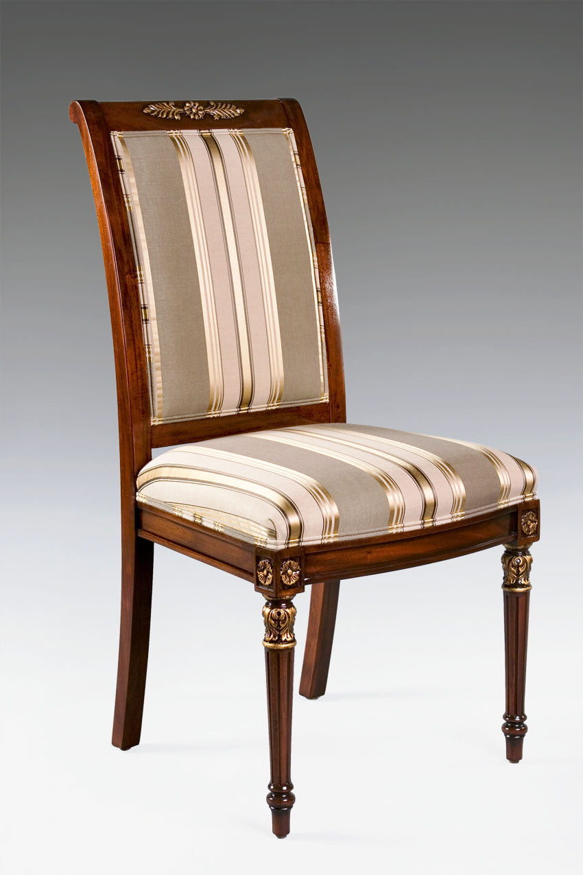 Brenda Empire-style side chair with elegant carvings and patterned upholstery.
