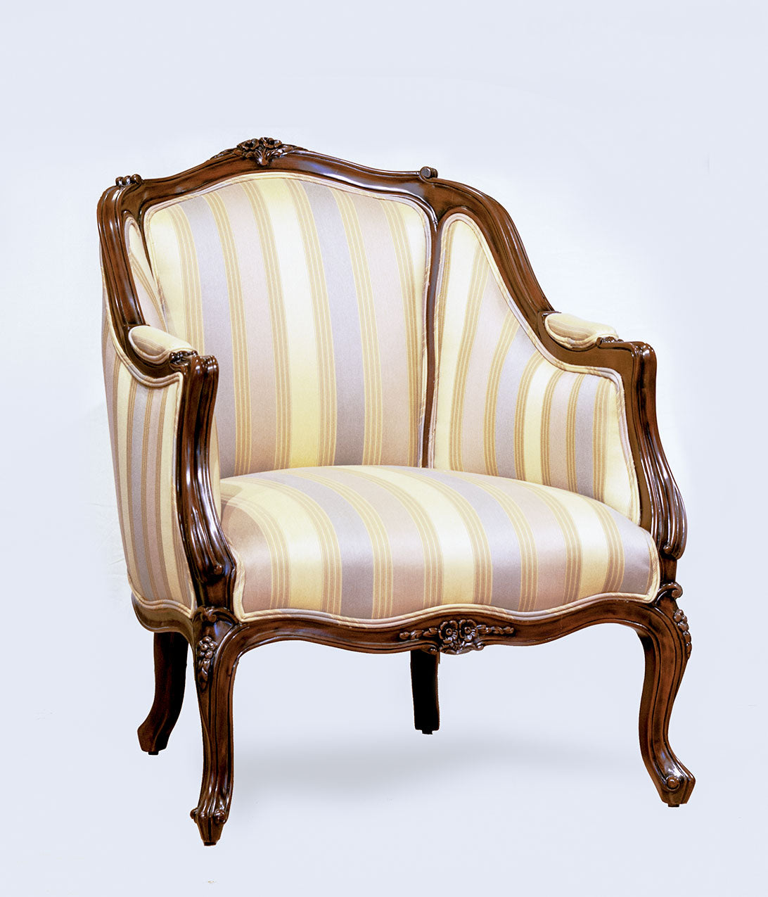 Updated Louis XV armchair design featuring elegant curves and fine upholstery