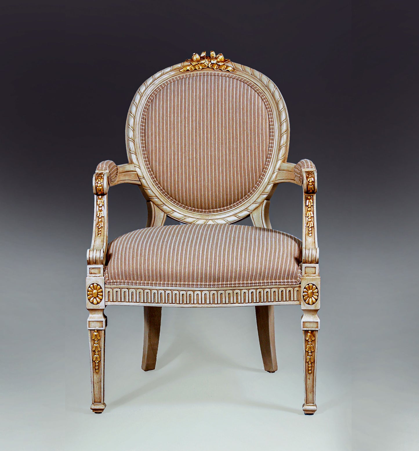 Louis XVI armchair with fluted legs and upholstered backrest.