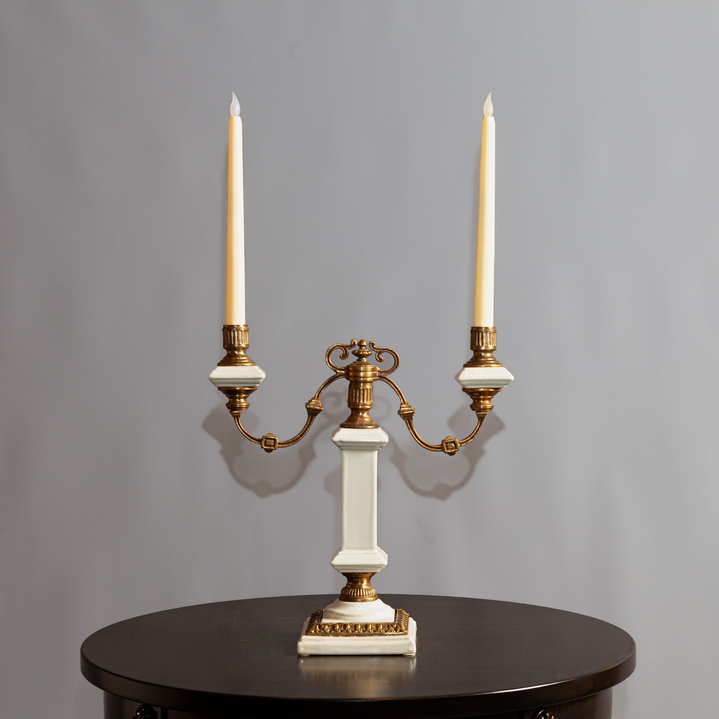 Front view of the Porcelain and Brass Candelabra, highlighting its detailed craftsmanship
