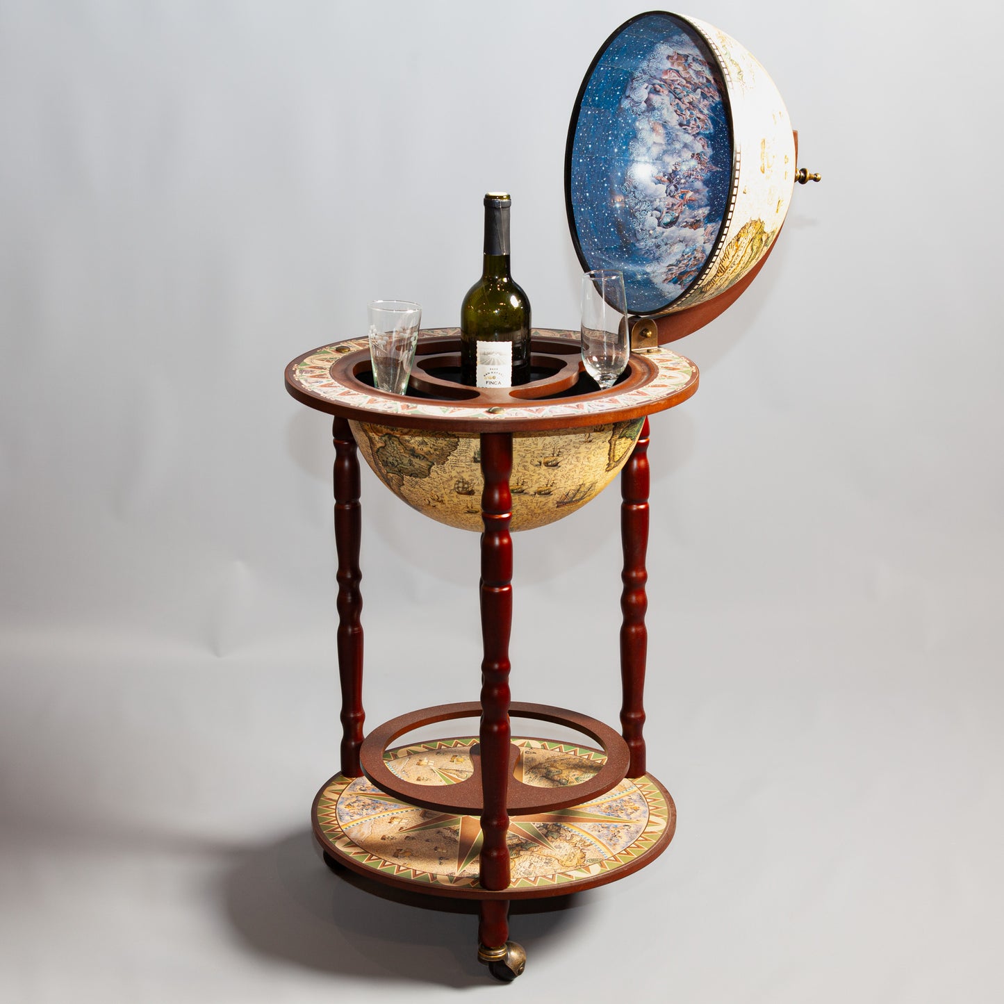 Sophisticated bar cart with a polished wooden surface and sturdy legs.