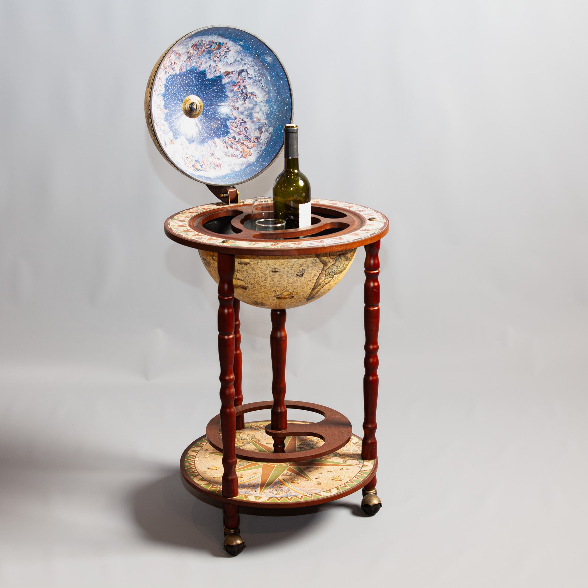 Side angle of a bar cart showcasing its sleek design and finish.