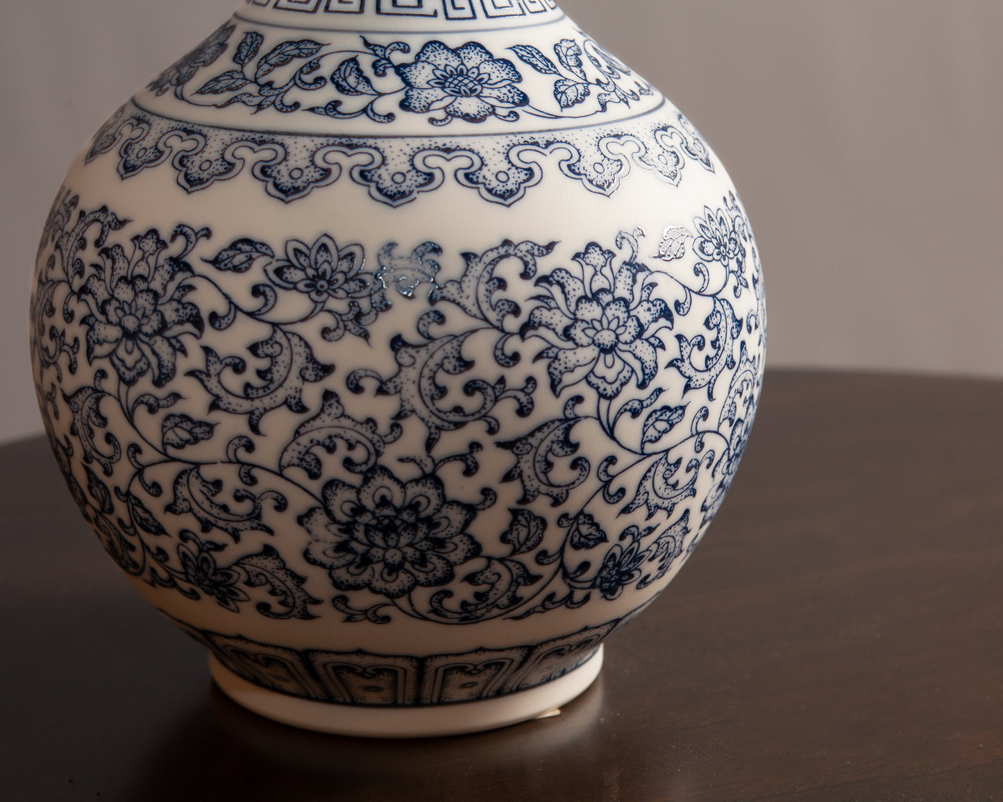 Detail view of a blue and white porcelain vase