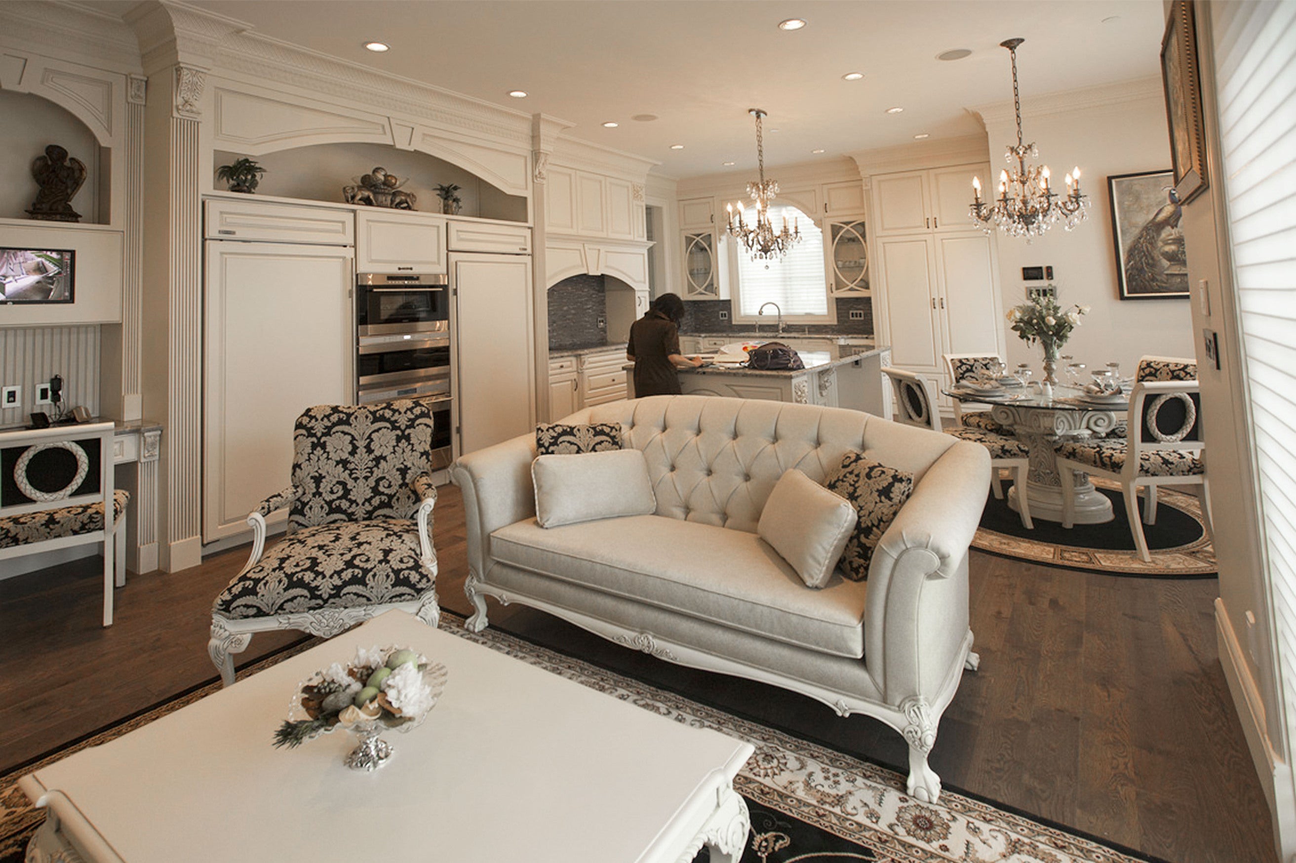 Ornate white living room, kitchen - House of Chippendale