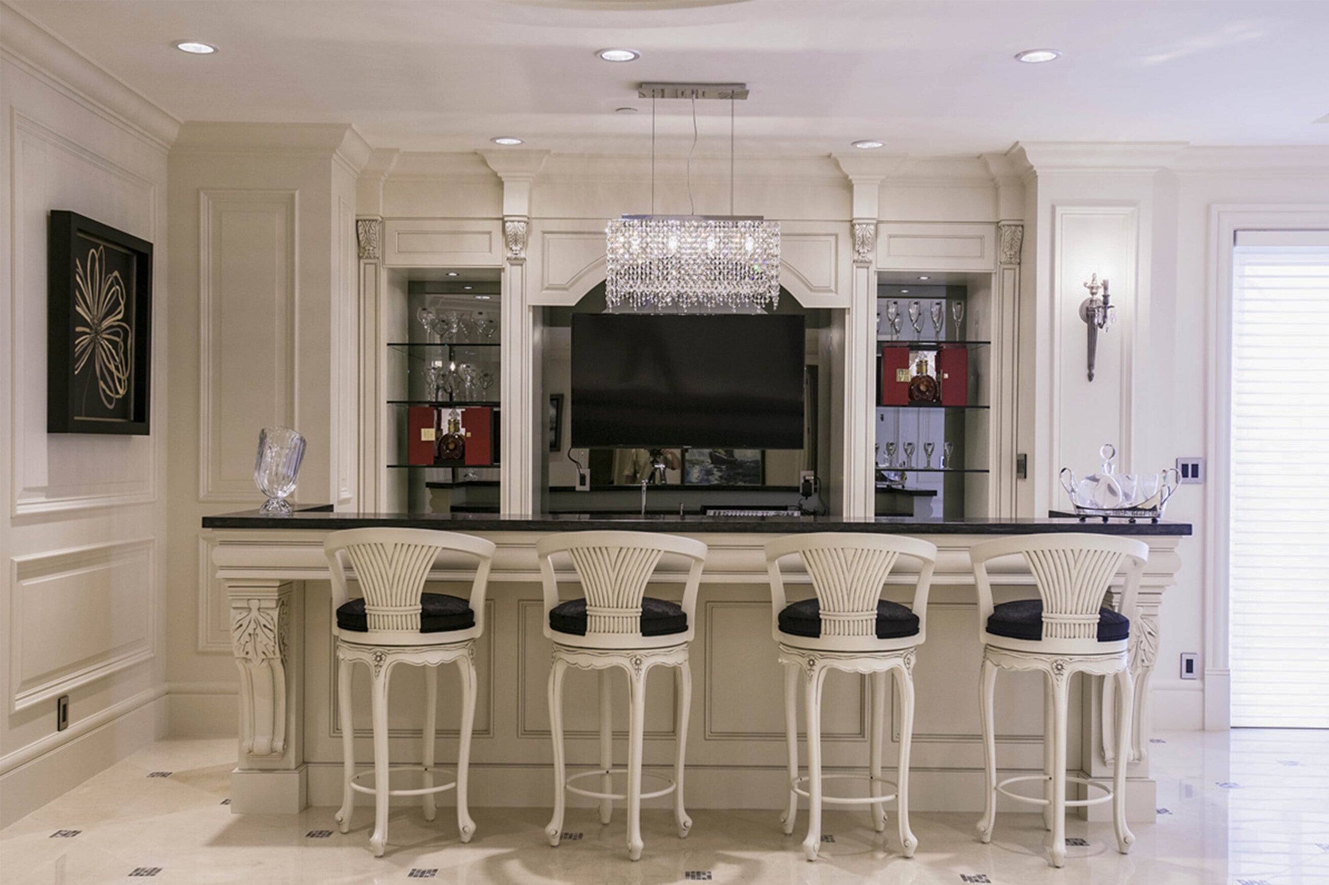 Luxury white home bar with four stools - House of Chippendale