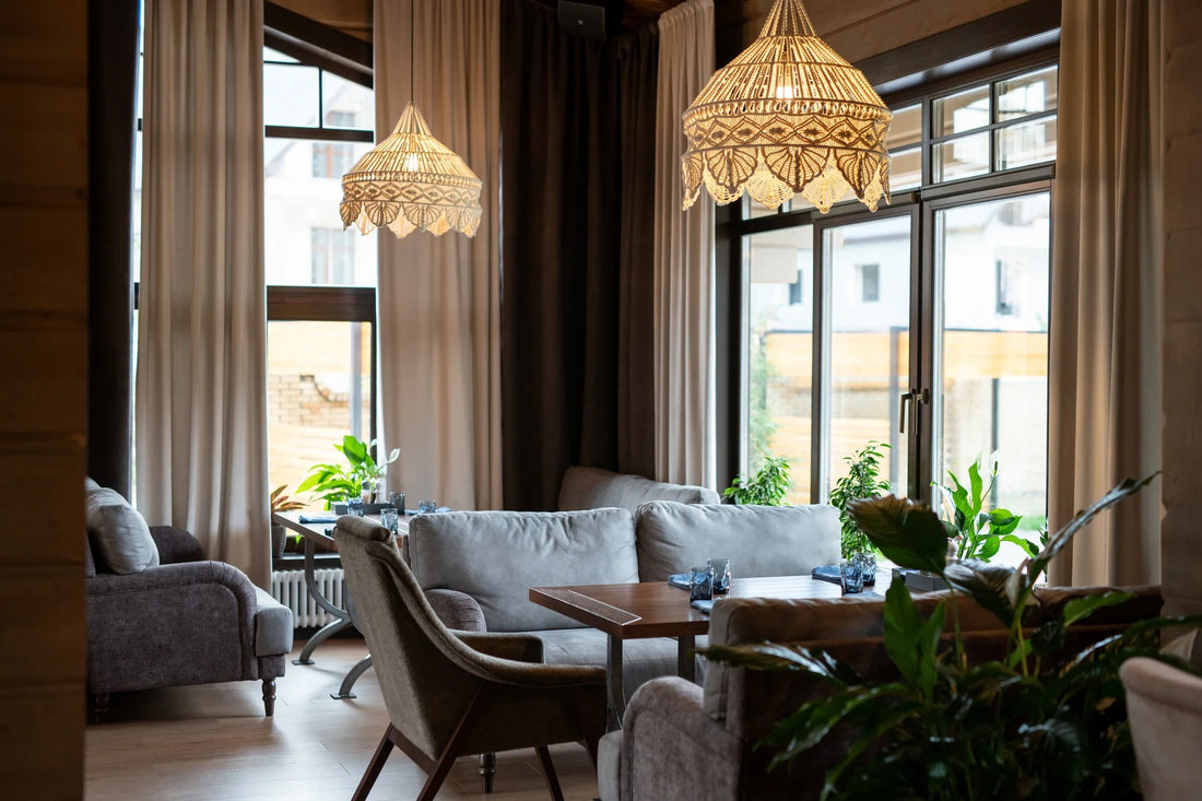part of luxurious restaurant with wooden tables