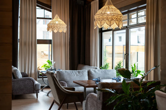 part of luxurious restaurant with wooden tables