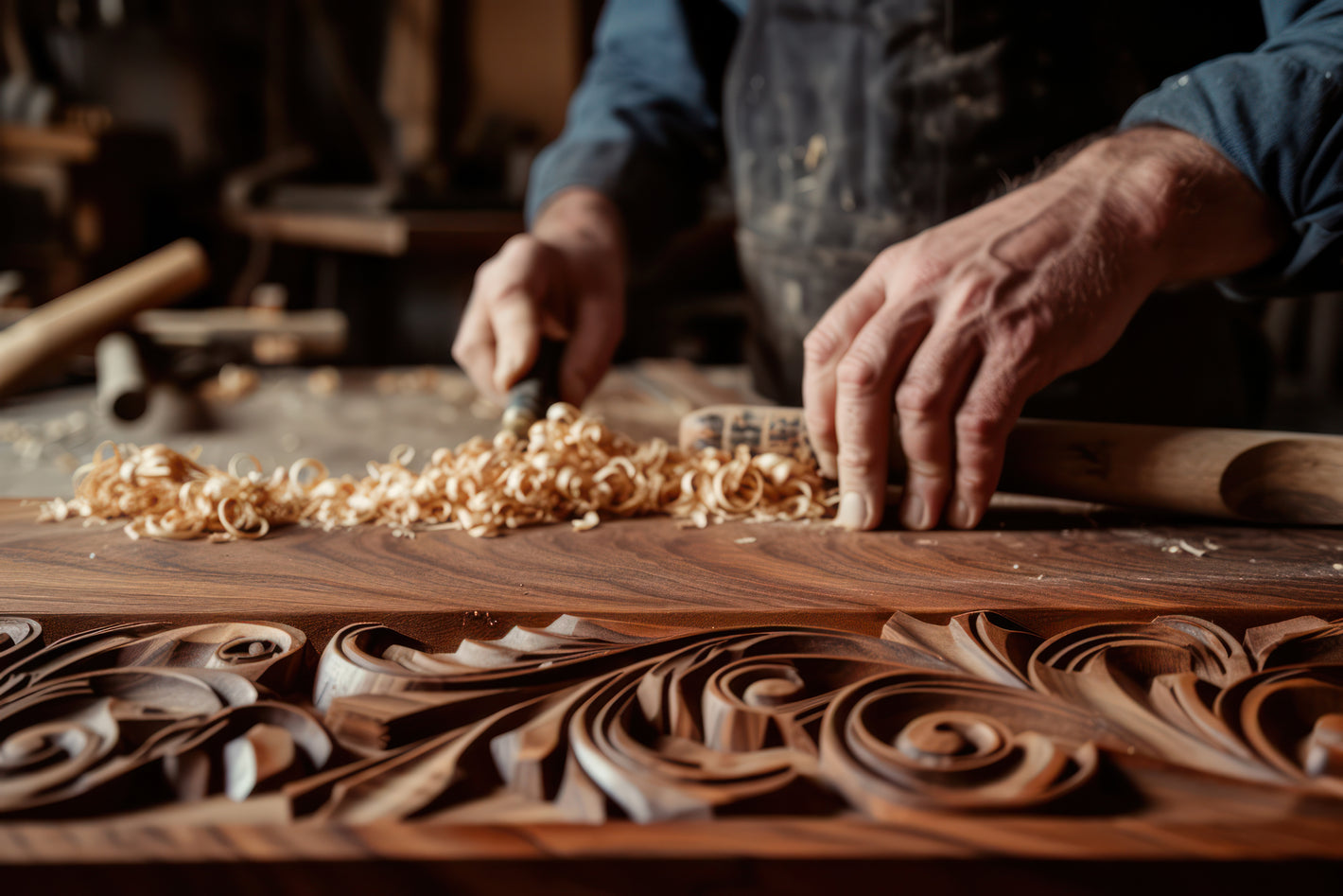 Artisan carefully applying a rich finish to a handcrafted wooden furniture piece.