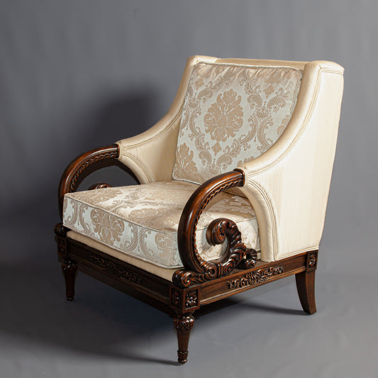 Side angle of a refined wooden armchair emphasizing its craftsmanship.