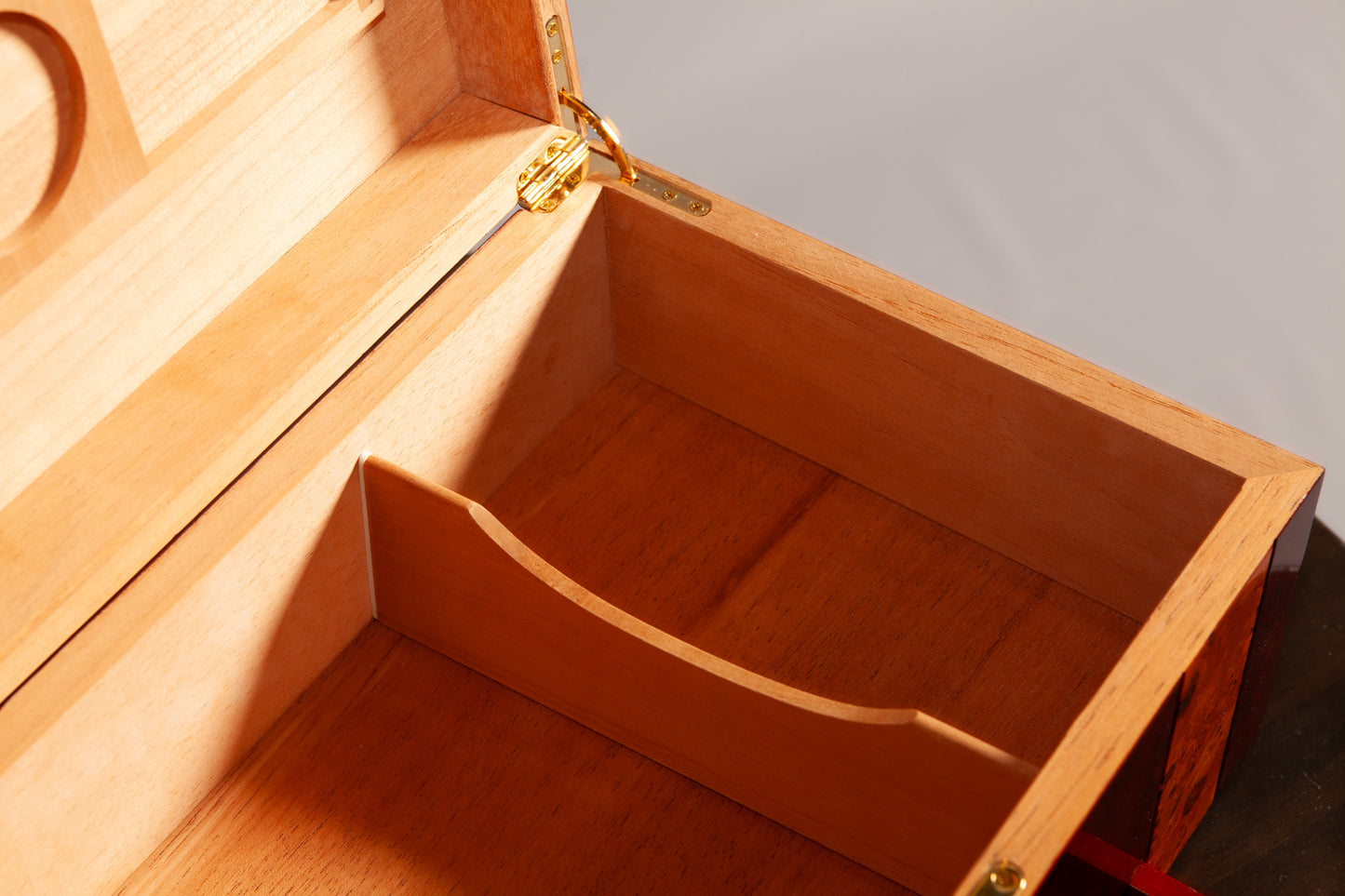 Opened lid of the Mahogany Walnut Humidor, revealing the interior compartment.