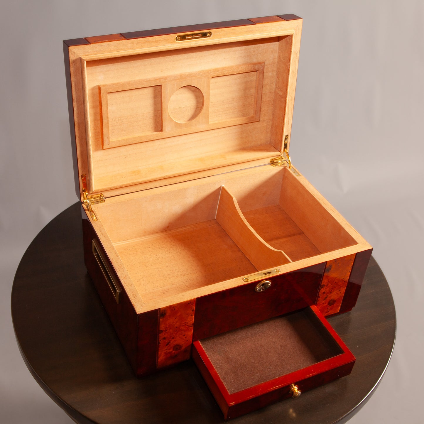 Interior view of the Mahogany Walnut Humidor, showing the compartment design