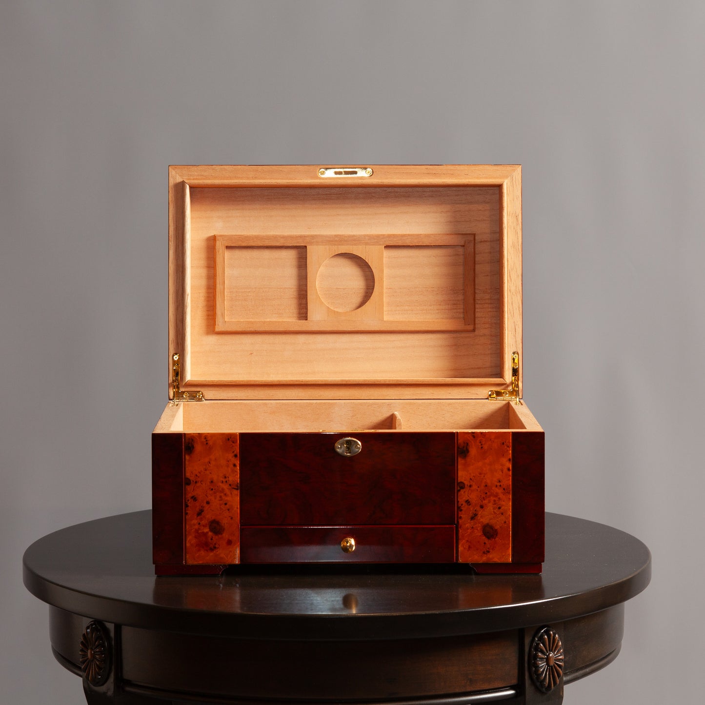 Angled view of the Mahogany Walnut Humidor, highlighting its elegant desig