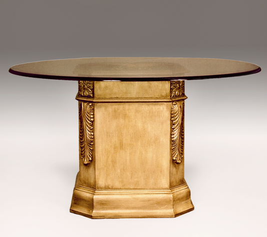 Front view of the Carved Acanthus Dining Pedestal, showcasing intricate acanthus leaf carvings