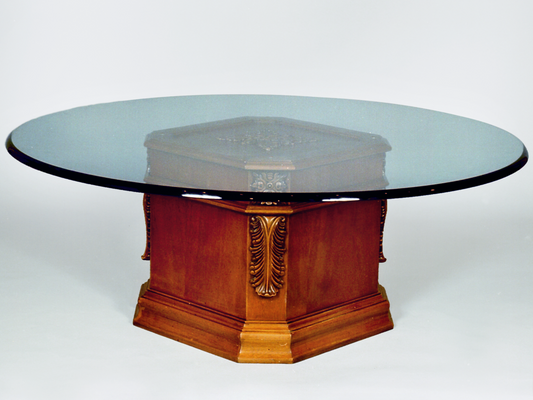 Side profile of the Carved Acanthus Dining Pedestal, highlighting its detailed craftsmanship.