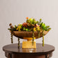 A decorative bowl with vibrant succulents and greenery sits on a dark wooden table.